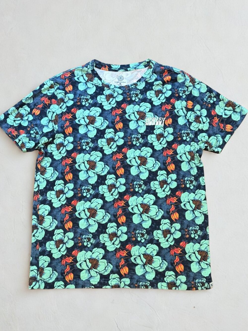 Hurley Floral Print Tee M Blue Orange Hibiscus Tropical Skater Surf Cotton